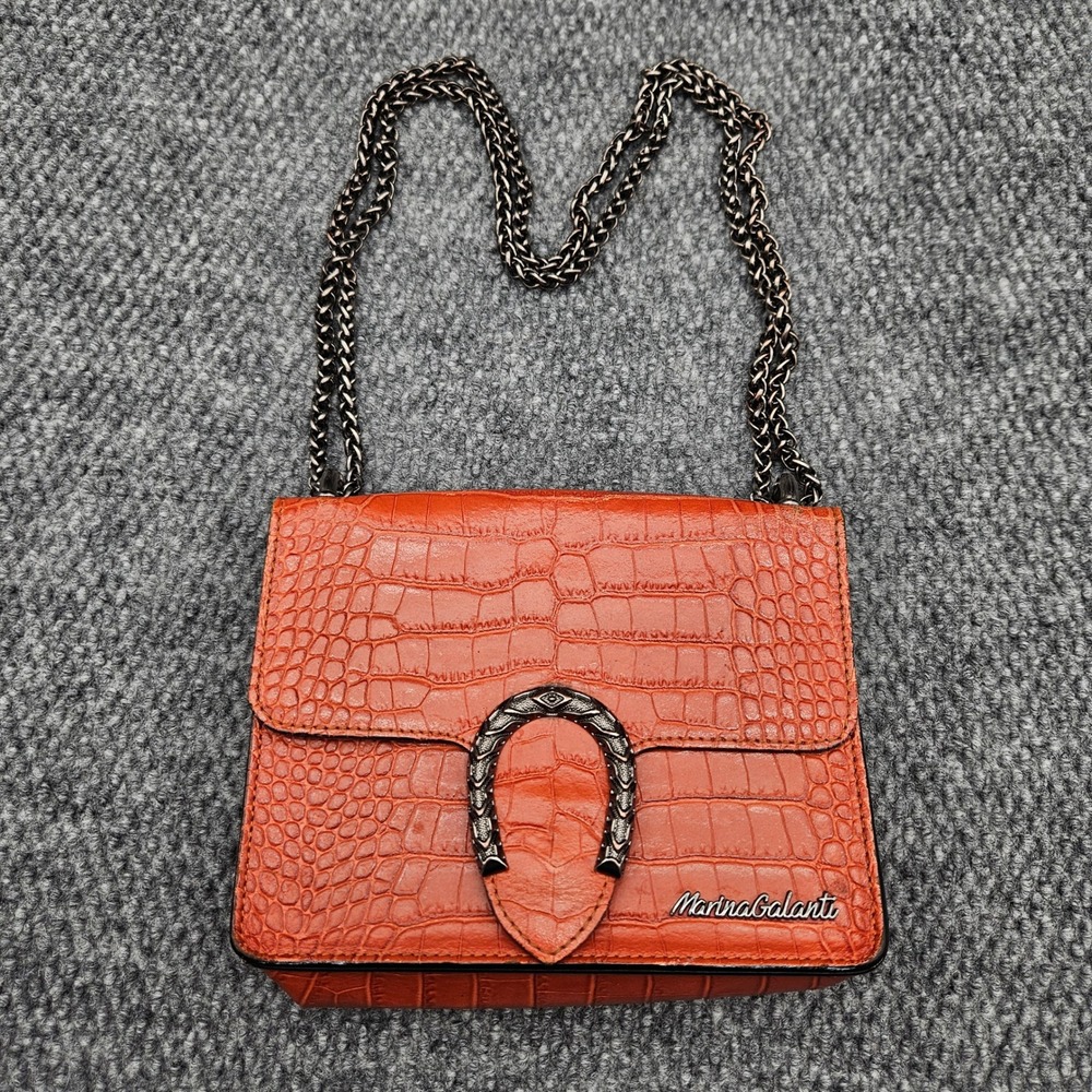 Marina Galanti Small Orange Leather Crocodile Embossed Horseshoe Crossbody Bag